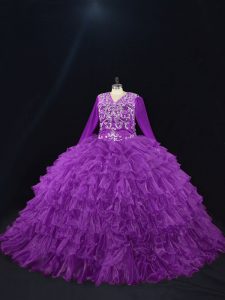 Purple Ball Gowns Organza V-neck Long Sleeves Beading and Ruffled Layers Floor Length Lace Up 15th Birthday Dress