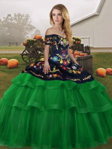 Nice Sleeveless Embroidery and Ruffled Layers Lace Up Sweet 16 Quinceanera Dress with Green Brush Train