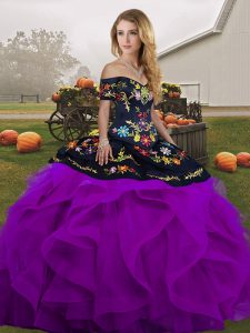 Black And Purple Sleeveless Tulle Lace Up Ball Gown Prom Dress for Military Ball and Sweet 16 and Quinceanera