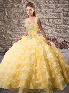 Gold Quince Ball Gowns Straps Sleeveless Court Train Lace Up