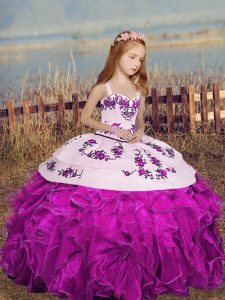 Fuchsia Organza Lace Up Little Girl Pageant Dress Sleeveless Floor Length Embroidery and Ruffles