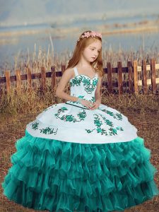 Organza Sleeveless Floor Length Girls Pageant Dresses and Embroidery and Ruffled Layers