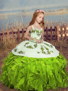 Yellow Green Ball Gowns Straps Sleeveless Organza Floor Length Lace Up Embroidery and Ruffles Pageant Dress for Womens