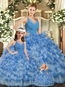 Pretty Blue Quince Ball Gowns Sweet 16 and Quinceanera with Ruffled Layers and Ruching V-neck Sleeveless Backless