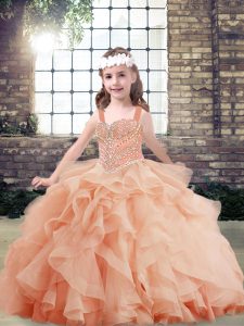 Floor Length Ball Gowns Sleeveless Peach Pageant Gowns For Girls Side Zipper