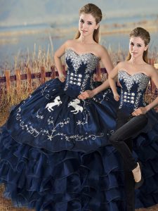 Elegant Satin and Organza Sweetheart Sleeveless Lace Up Embroidery and Ruffles Quince Ball Gowns in Navy Blue