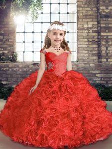 Red Lace Up Pageant Gowns For Girls Beading Sleeveless Floor Length