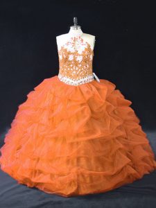 Stunning Halter Top Sleeveless Ball Gown Prom Dress Floor Length Pick Ups Orange Organza