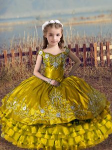 Sleeveless Lace Up Floor Length Embroidery and Ruffled Layers Girls Pageant Dresses