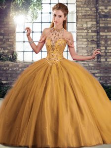 Brown Ball Gown Prom Dress Military Ball and Sweet 16 and Quinceanera with Beading Halter Top Sleeveless Brush Train Lace Up