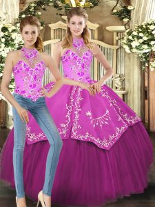 Customized Fuchsia Two Pieces Embroidery Sweet 16 Quinceanera Dress Lace Up Satin and Tulle Sleeveless Floor Length