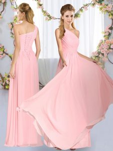 Baby Pink Chiffon Lace Up Quinceanera Dama Dress Sleeveless Floor Length Ruching