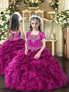 Perfect Fuchsia Lace Up Little Girls Pageant Gowns Beading and Ruffles Sleeveless Floor Length