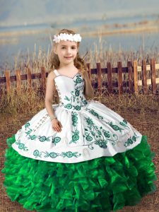 Green Sleeveless Floor Length Embroidery and Ruffles Lace Up Girls Pageant Dresses