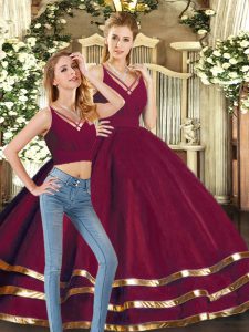 Burgundy Tulle Backless V-neck Sleeveless Floor Length Quinceanera Dresses Ruffled Layers