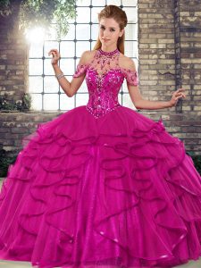 Inexpensive Fuchsia Lace Up Quinceanera Gowns Beading and Ruffles Sleeveless Floor Length