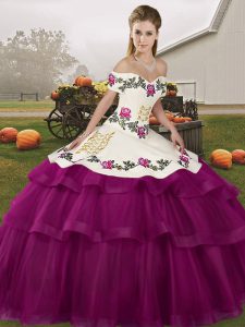 Fuchsia Lace Up Off The Shoulder Embroidery and Ruffled Layers 15th Birthday Dress Tulle Sleeveless Brush Train