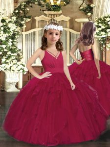 Stylish Burgundy Zipper V-neck Ruffles and Ruching Pageant Dress Toddler Tulle Sleeveless