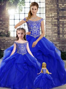 Royal Blue Off The Shoulder Lace Up Beading and Ruffles 15th Birthday Dress Brush Train Sleeveless