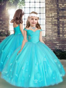 Customized Floor Length Aqua Blue Custom Made Pageant Dress Tulle Sleeveless Beading and Hand Made Flower