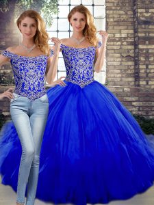 Super Floor Length Royal Blue Ball Gown Prom Dress Off The Shoulder Sleeveless Lace Up