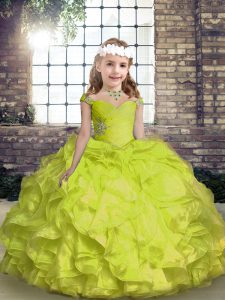 Spaghetti Straps Sleeveless Organza Little Girls Pageant Dress Wholesale Beading and Ruffles and Ruching Lace Up