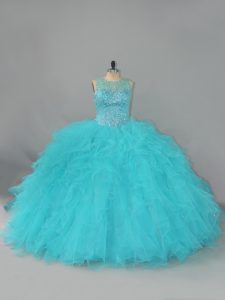 Scoop Sleeveless Vestidos de Quinceanera Floor Length Beading and Ruffles Aqua Blue Tulle