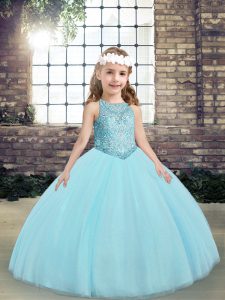 Aqua Blue Sleeveless Tulle Lace Up Little Girl Pageant Gowns for Party and Wedding Party