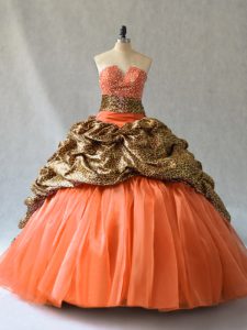 Brush Train Ball Gowns Sweet 16 Dress Orange V-neck Organza and Printed Sleeveless Lace Up