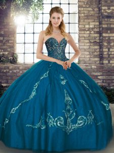 Pretty Blue Sleeveless Floor Length Beading and Embroidery Lace Up Ball Gown Prom Dress