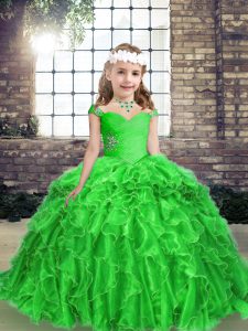 Fashion Green Evening Gowns Party and Wedding Party with Beading and Ruffles Straps Sleeveless Lace Up