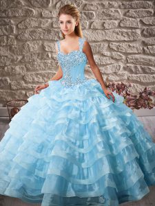 Deluxe Straps Sleeveless Sweet 16 Dress Court Train Beading and Ruffled Layers Blue Organza