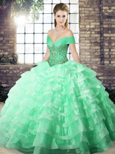 Simple Beading and Ruffled Layers 15 Quinceanera Dress Apple Green Lace Up Sleeveless Brush Train