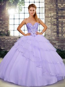 High Class Lavender Sleeveless Brush Train Beading and Ruffled Layers Vestidos de Quinceanera