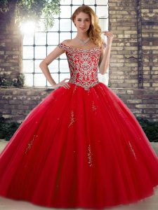 Discount Red Ball Gowns Tulle Off The Shoulder Sleeveless Beading Floor Length Lace Up Quinceanera Dress