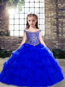 Royal Blue Lace Up Scoop Beading and Pick Ups Little Girl Pageant Gowns Organza Sleeveless