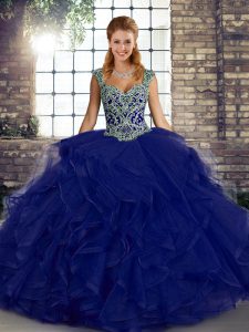 Dynamic Sleeveless Tulle Floor Length Lace Up Sweet 16 Dresses in Purple with Beading and Ruffles