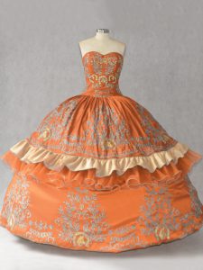 Charming Orange Lace Up Sweetheart Embroidery 15th Birthday Dress Satin Sleeveless