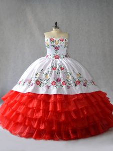 Great White And Red Sweetheart Neckline Embroidery and Ruffled Layers 15 Quinceanera Dress Sleeveless Lace Up