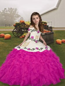 Fuchsia Sleeveless Floor Length Embroidery and Ruffles Lace Up Little Girl Pageant Gowns