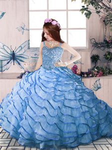 Blue Straps Lace Up Beading and Ruffled Layers Pageant Dress for Womens Court Train Sleeveless