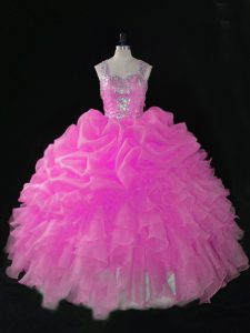 Cute Floor Length Zipper 15th Birthday Dress Hot Pink for Sweet 16 and Quinceanera with Beading and Ruffles and Pick Ups