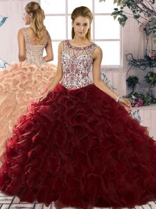 Burgundy Ball Gowns Beading and Ruffles Quinceanera Gowns Lace Up Organza Sleeveless Floor Length