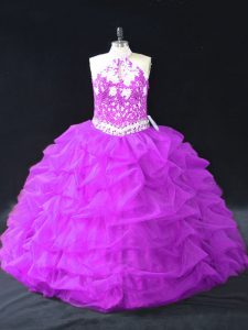 Sleeveless Organza Floor Length Backless Quinceanera Dress in Purple with Beading and Pick Ups