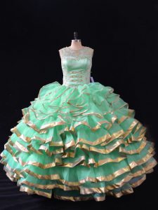 Luxurious Sleeveless Organza Floor Length Lace Up Ball Gown Prom Dress in Apple Green with Ruffles