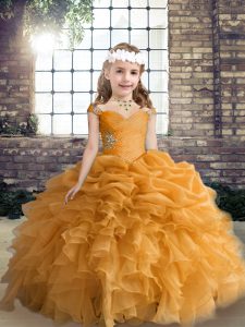 Orange Kids Pageant Dress Party and Wedding Party with Beading and Ruffles and Pick Ups Straps Sleeveless Lace Up