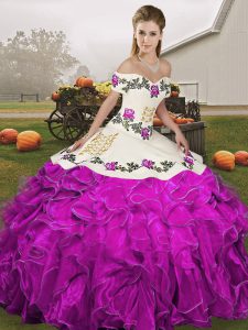 High Quality White And Purple Quinceanera Dress Military Ball and Sweet 16 and Quinceanera with Embroidery and Ruffles Off The Shoulder Sleeveless Lace Up