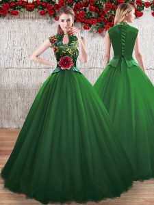 Adorable Floor Length Green Quinceanera Dress V-neck Sleeveless Lace Up