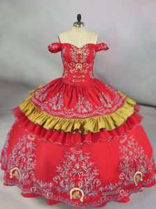 Red Lace Up Quinceanera Gowns Embroidery Sleeveless Floor Length