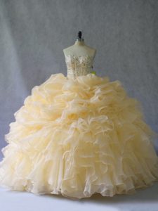 Discount Gold Organza Lace Up Quinceanera Gown Sleeveless Floor Length Beading and Ruffles and Pick Ups